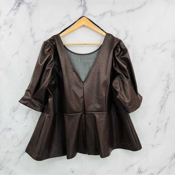 G031 Eloquii Faux Leather Puff Sleeve Peplum Top Brown - Picture 5 of 6